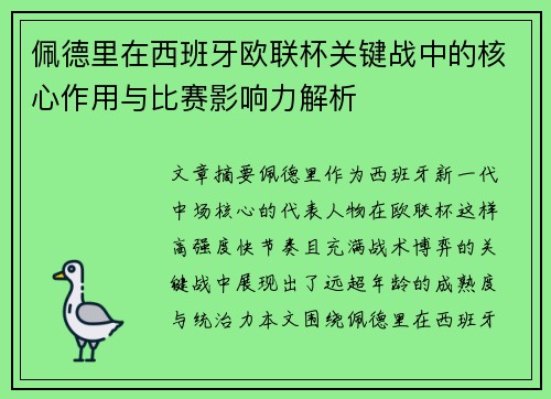 佩德里在西班牙欧联杯关键战中的核心作用与比赛影响力解析 佩德里在西班牙欧联杯关键战中的核心作用与比赛影响力解析