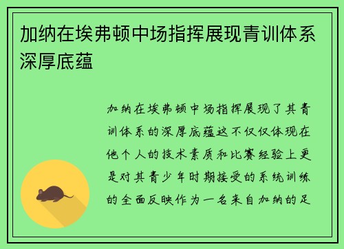 加纳在埃弗顿中场指挥展现青训体系深厚底蕴